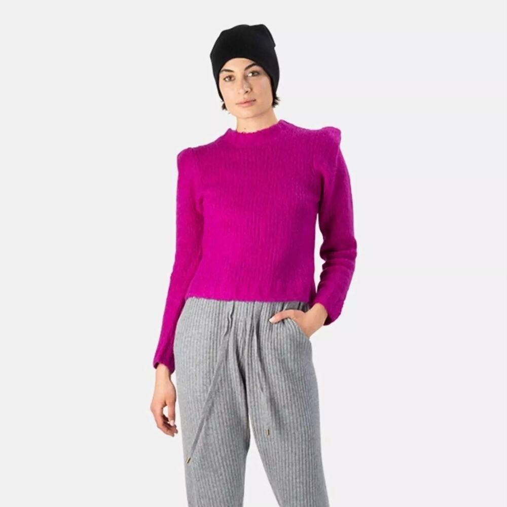 Naadam Fuzzy Magenta Sweater Cropped Long Sleeve Shoulder Detail‎